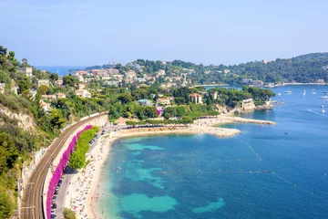 Peel and stick wall murals Villefranche-sur-Mer, French Riviera Beautiful daylight view from top of mountains to luxury resort villefranche sur mer and bay on french riviera at mediterranean sea Cote d'Azur in France. Railways and beach with people
