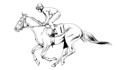 jockey on a galloping horse painted with ink by hand on a white background