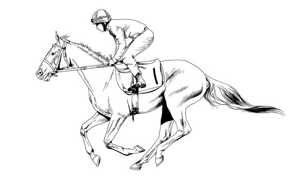 jockey on a galloping horse painted with ink by hand on a white background