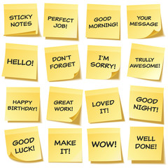 Sticky note with text and shadow isolated on transparent background set. Yellow paper. Message on notepaper.Reminder. Vector illustration