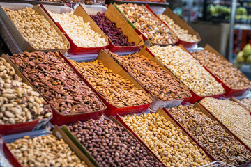 Fresh nuts assortment at Besarabsky Market Kiev, Ukraine.