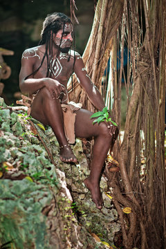 Black Man With Dreadlocks In The Image Of The Taino Indian In Habitat, Body Painting Taino Symbols