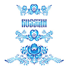 Gzhel (Russian traditional  floral pattern) inspired decorative elements for design. Highly detailed isolated vector illustration. Print, posters, t-shirts and textiles.