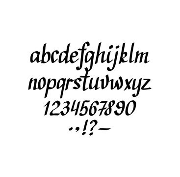 Vector hand-written italic alphabet. Lowercase, figures and punctuation marks