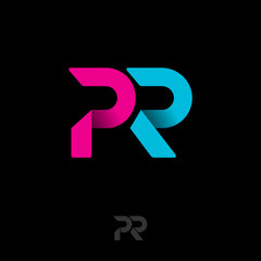 PR logo. Public relations emblem. Blue and pink origami letters on dark background.