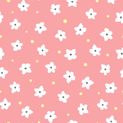 White flowers and yellow dots on pink background. Floral seamless pattern.