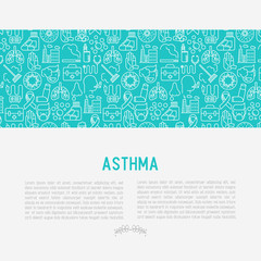 World asthma day concept with thin line icons: air pollution, smoking, respirator, therapist, inhaler, bronchi, allergy symptoms and allergens. Vector illustration for banner, web page.