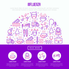 Influenza concept with thin line icons of symptoms and treatments: runny nose, headache, pain in throat, temperature, pills, medicine. Vector illustration for banner, web page, print media.