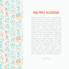 Multiple sclerosis concept with thin line icons of symptoms and treatments: disorientation, heredity, neuron myelin sheaths, vitamin D. Vector illustration for banner, web page.