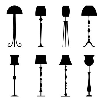 Silhouettes of floor lamps isolated on white background. Stencils of lamps.