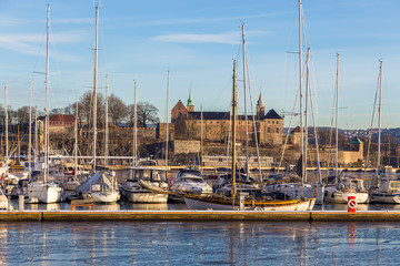 Aker Brygge Marina in winter season. The most popular part of Oslo, Norway