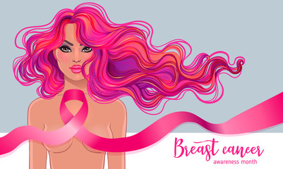 October: Breast Cancer Awareness Month, annual campaign to increase awareness of the disease. Woman with breast cancer awareness pink ribbon, vector illustration health, medicine.