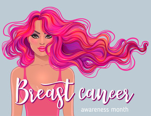 October: Breast Cancer Awareness Month, annual campaign to increase awareness of the disease. Woman with breast cancer awareness pink ribbon, vector illustration health, medicine.