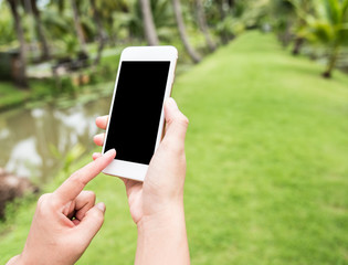hand hold mobile phone in the garden