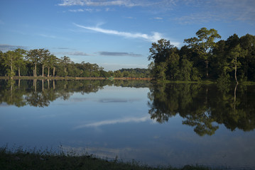 Reflection of trees and clouds on water, Tonle Sap, Siem Reap, Cambodia