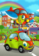 Cartoon every day car smiling and driving through the city - illustration for children