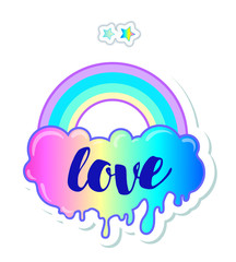 Equal love. Inspirational Gay Pride poster with rainbow and cloud. spectrum colors. Homosexuality emblem. LGBT rights concept. Sticker, patch, poster graphic design.