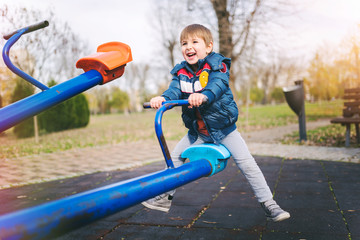 Smiling child on seesaw on the playground in the park