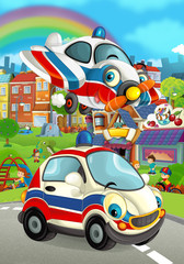 Cartoon every day car smiling and driving through the city - illustration for children