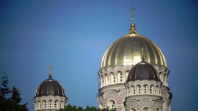 Nativity of Christ Cathedral, Riga, Latvia was built to design by Nikolai Chagin and Robert Pflug in a Neo-Byzantine style between 1876 and 1883, during period when country was part of Russian Empire,
