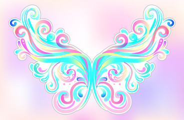Pair of magical fairy wings. Hand-drawn vector illustration isolated. Trendy magic print, alchemy, mystery, divine goddess. Rainbow colors. Halloween costume detail.