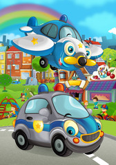 Cartoon police vehicles smiling and going through the city - illustration for children