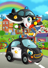 Cartoon police vehicles smiling and going through the city - illustration for children