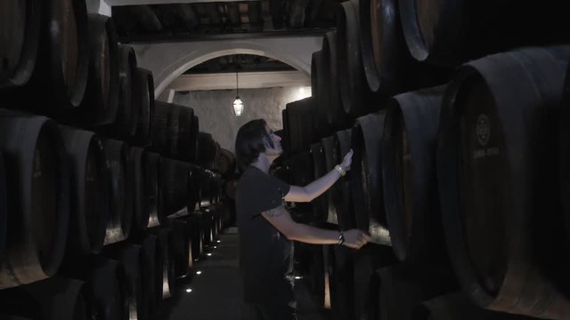 Old wine barrels in a wine cellar, sommelier man tourist dicover, porto, portugal, old factory stock