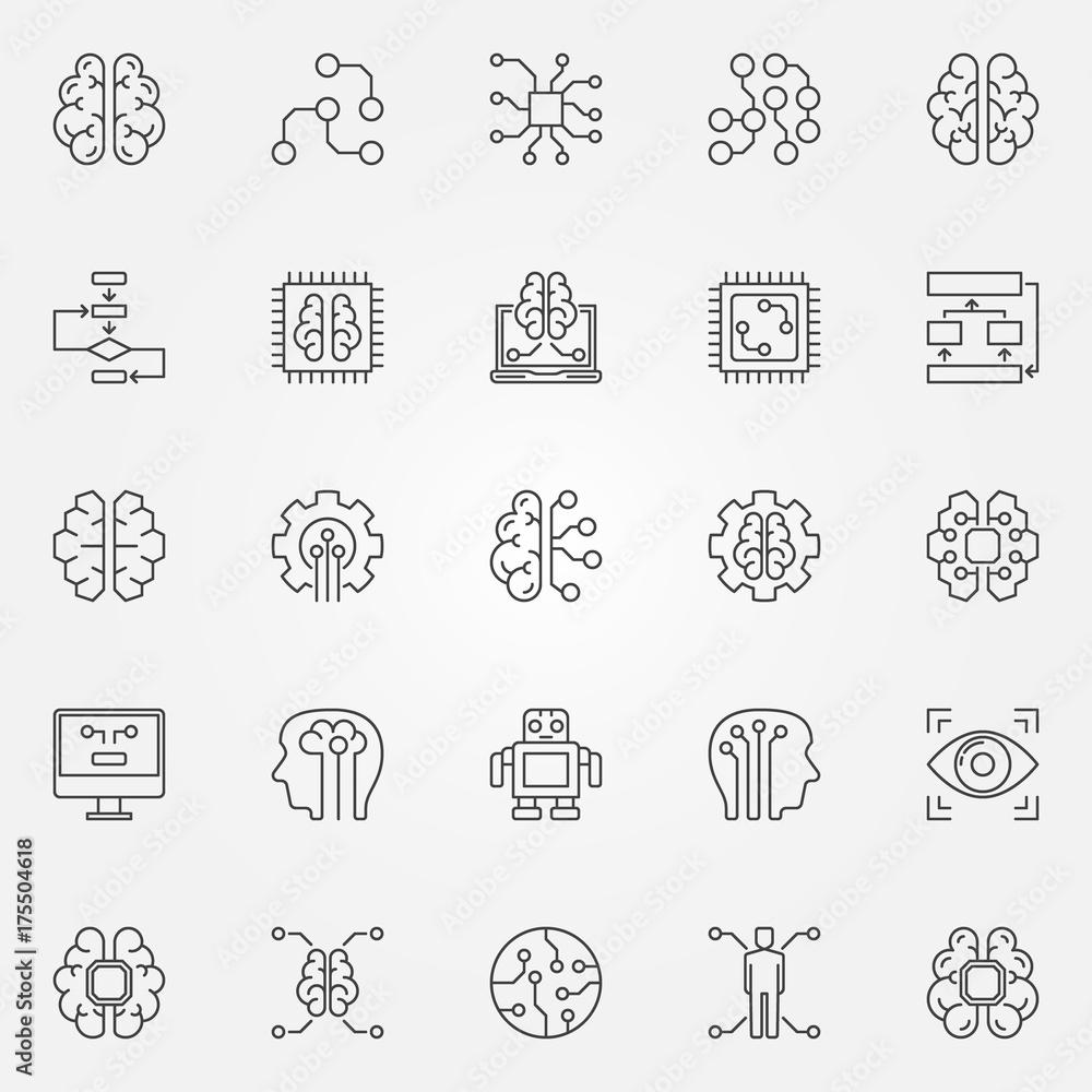 Poster artificial intelligence icons set. vector robot, brain and other