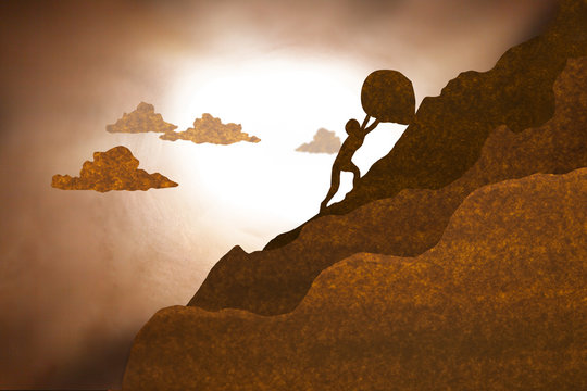 Businessman push large boulder up to hill.  in brown paper silhouette style.