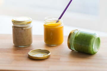 vegetable or fruit puree or baby food in jars