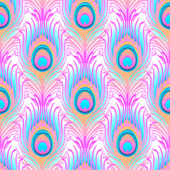 Peacock pale pink seamless vector pattern. Peafowl abstract feathers tiled print for textile or wrap paper. Hand drawn vintage