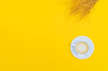 Xicará de café com gravetos em fundo amarelo
