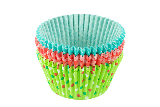 Paper baking case for cupcake and muffin, isolated white background.Cubcake case tower preparing for sweet dessert and happiness, baking lifestyle.
