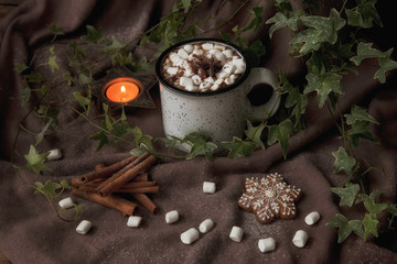 Obraz na płótnie Canvas Coffee mug with marshmallow and gingerbread. Christmas concept, background, close-up, selective focus