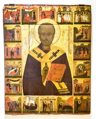 Antique Russian orthodox icon of St. Nicholas with scenes of his life