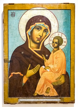 Antique Russian orthodox icon of The Mother of God of Tikhvin