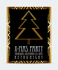 Art deco style Christmas greeting card template. Abstract  vintage patterns and design elements. Retro party geometric background set (1920's style). Vector illustration for  wedding.