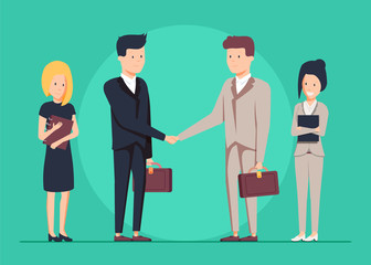 Two smiling businessman shaking hands together. And their women assistants standing nearby.