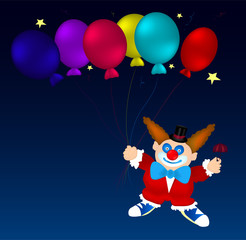 Flying clown in red clothes, blue boots with small umbrella in one hand and six balloons in atmosphere