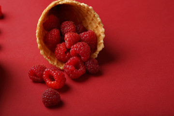 Ripe raspberry on red background