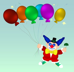 Flying clown in red clothes, blue boots with small umbrella in one hand and six balloons