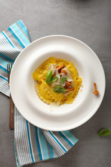 Fresh ravioli with mushrooms and cheese