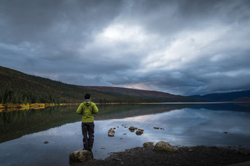 Lone hiker in front of Wonder lake