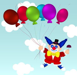 Flying clown in red clothes, blue boots with small umbrella in one hand and six balloons