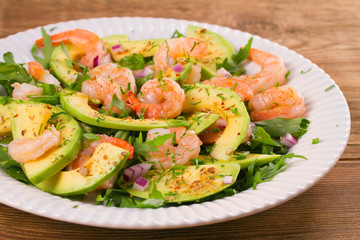 Shrimp salad with avocado arugula, scallion and almonds, horizontal