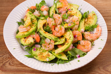 Shrimp salad with avocado arugula, scallion and almonds, horizontal