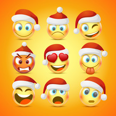 Emoji and sad New Year hat icon set. Vector illustration