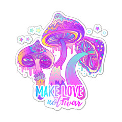 Magic mushrooms. Psychedelic hallucination. Vibrant vector illustration. 60s hippie colorful art in pink pastel goth colors isolated on white. Sticker, patch, poster.