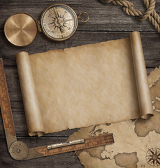 Old map scroll with compass. Adventure and travel background concept. 3d illustration.